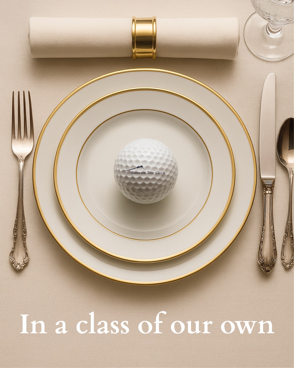 Broken Top ad: a golf ball marked with the Broken Top Club logo on a gold-rimmed place setting, with the words In a class of our own
